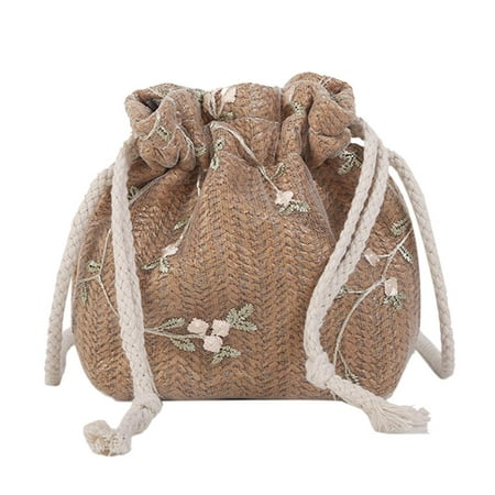Ladies lace Flower Decor Shoulder Messenger Handbags Straw Woven Small Drawstr